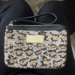 Betsey Johnson Leopard Sequin Wristlet in Black and Gold